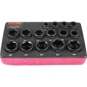 Klíč Sada rázových nástrčných klíčů VEVOR 3/8", 15dílná ultra krátká sada nástrčných klíčů, metrické 10–24 mm, 6hranná Cr-Mo legovaná ocel pro opravy automobilů, snadno čitelné označení velikosti, robustní konstrukce, organizér nástrčných klíčů