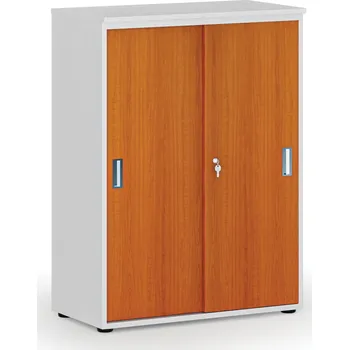 Kancelářská sestava Kancelářská skříň se zasouvacími dveřmi PRIMO WHITE, 800 x 420 x 1087 mm, bílá/třešeň