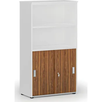 Kancelářská sestava Kombinovaná kancelářská skříň PRIMO WHITE, zasouvací dveře na 2 patra, 800 x 420 x 1434 mm, bílá/ořech