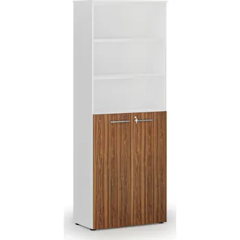 Kancelářská sestava Kombinovaná kancelářská skříň PRIMO WHITE, dveře na 3 patra, 800 x 420 x 2128 mm, bílá/ořech