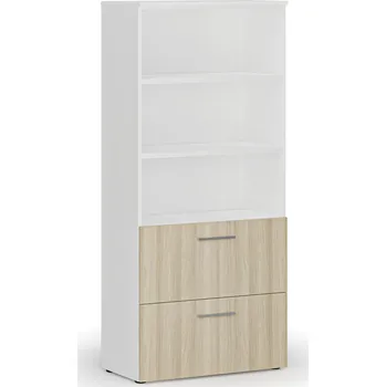 Kancelářská sestava Skříň se zásuvkami pro závěsné složky PRIMO WHITE, 800 x 420 x 1781 mm, bílá/dub přírodní