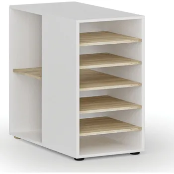 Policová skříň Přístavná policová skříňka k pracovnímu stolu PRIMO WHITE, levá, bílá/dub přírodní