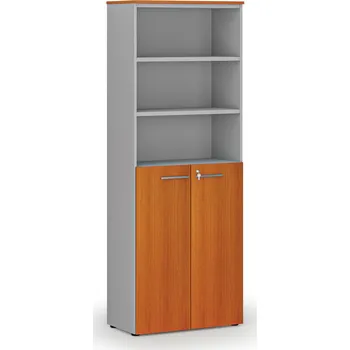 Kancelářská sestava Kombinovaná kancelářská skříň PRIMO GRAY, dveře na 3 patra, 800 x 420 x 2128 mm, šedá/třešeň