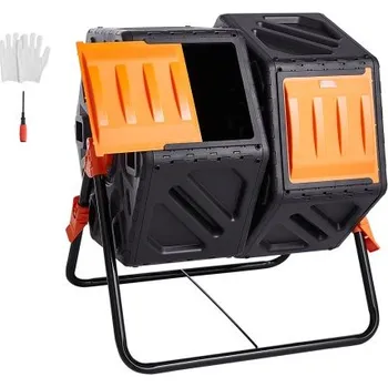 Kompostér Kompostér VEVOR, Dvoukomorová kompostovací nádoba s objemem 37 litrů, Vysokoobjemová dvě otočné komory se 2 posuvnými dvířky a ocelovým rámem, Nádoba na kompostér bez BPA pro zahradu, kuchyň, dvůr, venkovní