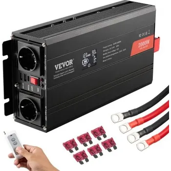 Měnič napětí Měnič VEVOR s čistou sinusovou vlnou, 2000 W, DC 12 V na AC 230 V, se 2 AC zásuvkami, 2 USB porty, 1 portem typu C, LCD displejem a dálkovým ovladačem pro středně velké domácí spotřebiče, CE FCC