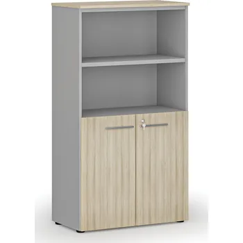 Kancelářská sestava Kombinovaná kancelářská skříň PRIMO GRAY, dveře na 2 patra, 800 x 420 x 1434 mm, šedá/dub přírodní