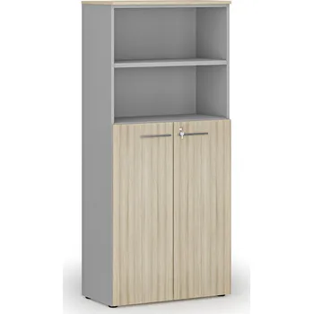Kancelářská sestava Kombinovaná kancelářská skříň PRIMO GRAY, dveře na 3 patra, 800 x 420 x 1781 mm, šedá/dub přírodní