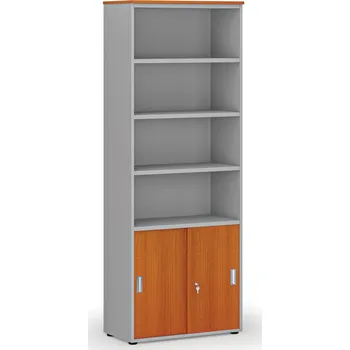 Kancelářská sestava Kombinovaná kancelářská skříň PRIMO GRAY, zasouvací dveře na 2 patra, 800 x 420 x 2128 mm, šedá/třešeň