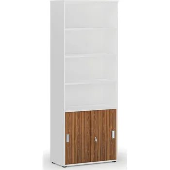 Kancelářská sestava Kombinovaná kancelářská skříň PRIMO WHITE, zasouvací dveře na 2 patra, 800 x 420 x 2128 mm, bílá/ořech