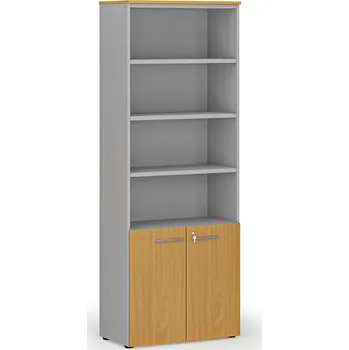 Kancelářská sestava Kombinovaná kancelářská skříň PRIMO GRAY, dveře na 2 patra, 800 x 420 x 2128 mm, šedá/buk