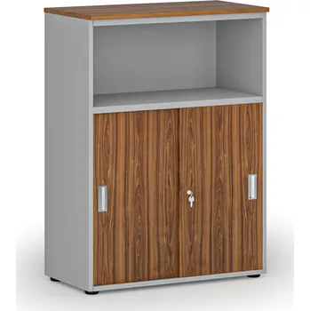 Kancelářská sestava Kombinovaná kancelářská skříň se zásuvnými dveřmi PRIMO GRAY, 800 x 420 x 1087 mm, šedá/ořech