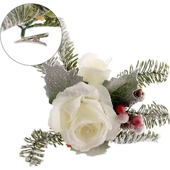 umělá květina Přízdoba Růže 23cm bílé, zasněžené na klipu