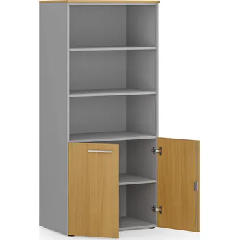 Kancelářská sestava Kombinovaná kancelářská skříň PRIMO GRAY, nízké dveře, 800 x 500 x 1781 mm, šedá/buk