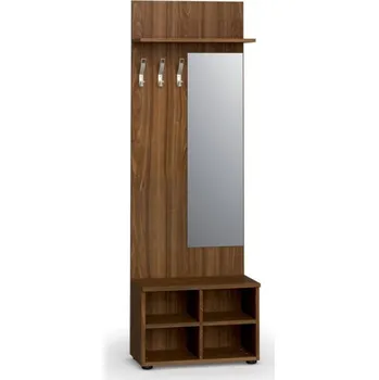 Kancelářská sestava Věšáková stěna s botníkem a zrcadlem PRIMO WOOD, 3 háčky, police, ořech