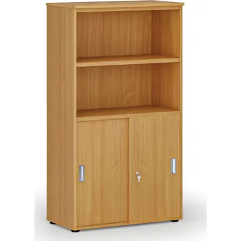 Kancelářská sestava Kombinovaná kancelářská skříň PRIMO WOOD, zasouvací dveře na 2 patra, 800 x 420 x 1434 mm, buk