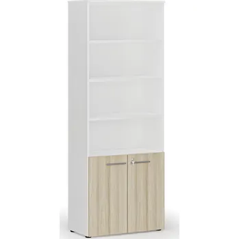 Kancelářská sestava Kombinovaná kancelářská skříň PRIMO WHITE, dveře na 2 patra, 800 x 420 x 2128 mm, bílá/dub přírodní