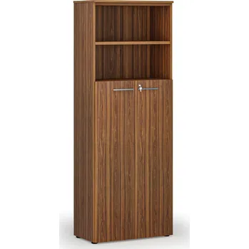 Kancelářská sestava Kombinovaná kancelářská skříň PRIMO WOOD, dveře na 4 patra, 800 x 420 x 2128 mm, ořech