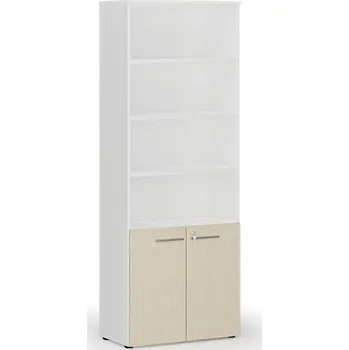 Kancelářská sestava Kombinovaná kancelářská skříň PRIMO WHITE, dveře na 2 patra, 800 x 420 x 2128 mm, bílá/bříza