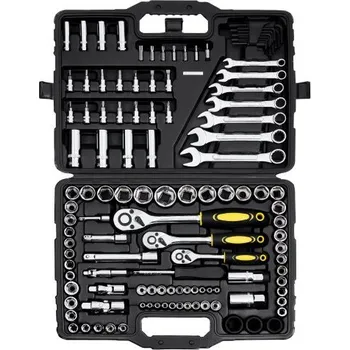 Sada nářadí pro mechaniky VEVOR, 121 kusů, 1/4" a 3/8" a 1/2", SAE a metrické rozměry, bity, klíče, ráčna, příslušenství a plastové úložné pouzdro, pro opravy automobilů