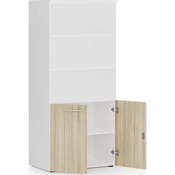 Kancelářská sestava Kombinovaná kancelářská skříň PRIMO WHITE, nízké dveře, 800 x 500 x 1781 mm, bílá/dub přírodní
