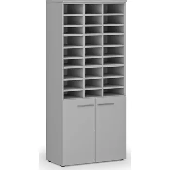 Kancelářská sestava Třídicí regál s dveřmi PRIMO GRAY, 800 x 420 x 1781 mm, 27 přihrádek, šedý