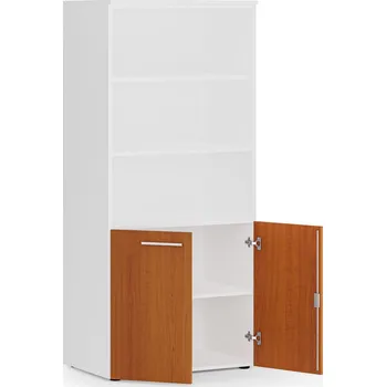 Kancelářská sestava Kombinovaná kancelářská skříň PRIMO WHITE, nízké dveře, 800 x 500 x 1781 mm, bílá/třešeň