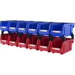 Plastový úložný box VEVOR (28 cm x 12 cm x 12 cm), závěsný stohovatelný úložný organizér, modrý/červený, balení po 12 kusech, odolné stohovací kontejnery pro organizaci skříně, kuchyně, kanceláře nebo spíže