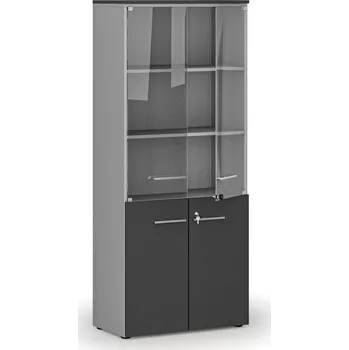 Kancelářská sestava Kombinovaná kancelářská skříň s dřevěnými a skleněnými dveřmi PRIMO GRAY, 800 x 420 x 1781 mm, šedá/grafit