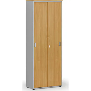 Kancelářská sestava Kancelářská skříň se zasouvacími dveřmi PRIMO GRAY, 800 x 420 x 2128 mm, šedá/buk