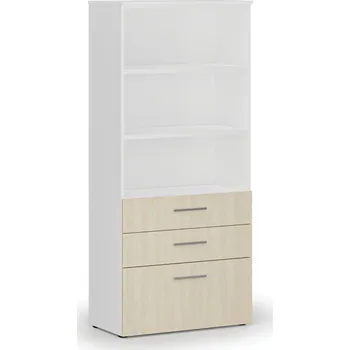 Kancelářská sestava Kancelářská skříň s kombinovanými zásuvkami PRIMO WHITE, 800 x 420 x 1781 mm, bílá/bříza