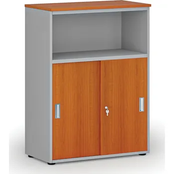 Kancelářská sestava Kombinovaná kancelářská skříň se zásuvnými dveřmi PRIMO GRAY, 800 x 420 x 1087 mm, šedá/třešeň