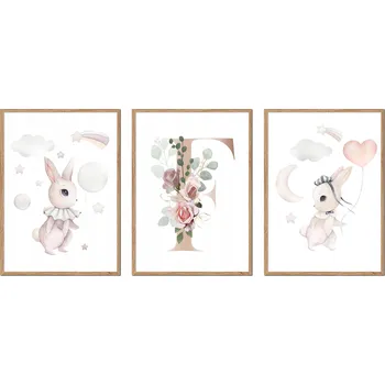 Obraz SADA 3 OBRAZŮ V RÁMU dětské králíčci zajíčci PÍSMENO F P2631_33x43