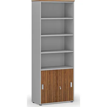 Kancelářská sestava Kombinovaná kancelářská skříň PRIMO GRAY, zasouvací dveře na 2 patra, 800 x 420 x 2128 mm, šedá/ořech