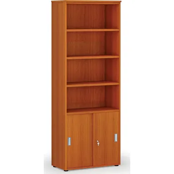 Kancelářská sestava Kombinovaná kancelářská skříň PRIMO WOOD, zasouvací dveře na 2 patra, 800 x 420 x 2128 mm, třešeň