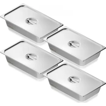 VEVOR Balení 4 hotelových pánví, plnohodnotná parní pánev s víkem proti zasekávání, nerezová parní pánev o tloušťce 0,8 mm, komerční stolní pánev o hloubce 4 palce, pánev na skladování potravin pro catering, pro průmysl a vědu