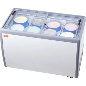 Chlazení Vitrína na zmrzlinu VEVOR pro komerční účely, mrazicí truhlice o objemu 370 l, mobilní mrazák se skleněnou deskou, restaurační mrazicí vitrína na zmrzlinu s 8 velkými vanami, 2 posuvné skleněné dveře, kolečka s uzamykáním, bílá