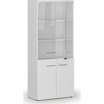 Kancelářská sestava Kombinovaná kancelářská skříň PRIMO WHITE s dřevěnými a skleněnými dveřmi, 800 x 420 x 1781 mm, bílá