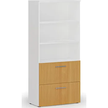 Kancelářská sestava Skříň se zásuvkami pro závěsné složky PRIMO WHITE, 800 x 420 x 1781 mm, bílá/buk