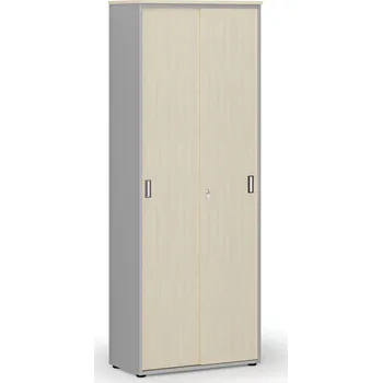 Kancelářská sestava Kancelářská skříň se zasouvacími dveřmi PRIMO GRAY, 800 x 420 x 2128 mm, šedá/bříza