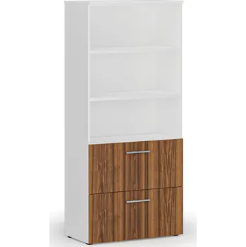 Kancelářská sestava Skříň se zásuvkami pro závěsné složky PRIMO WHITE, 800 x 420 x 1781 mm, bílá/ořech