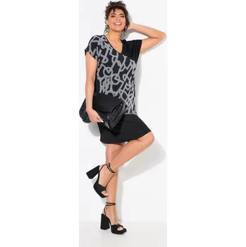 Dámské šaty Ulla Popken, Plus size Žerzejové šaty, šifonový přehoz, výstřih do V, krátké rukávy pro plnoštíhlé nadměrná velikost, 839681100-1131, černý, 54/56, Nadměrné velikosti, Plus size oblečení, Oblečení pro boubelky, Oblečení pro baculky, Oblečení pro plnoštíhl