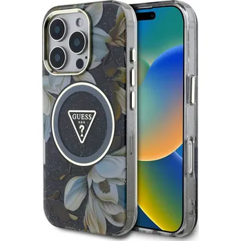 Pouzdro na mobilní telefon Zadní kryt Guess IML Glitter Magnolia and Triangle Logo MagSafe pro iPhone 16 Pro Black