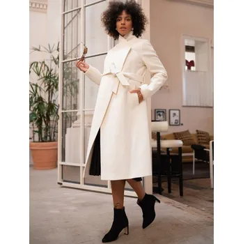 Luxusní těhotenský kabát s uvazováním Zophie Wool - smetanově krémový Velikost: XL