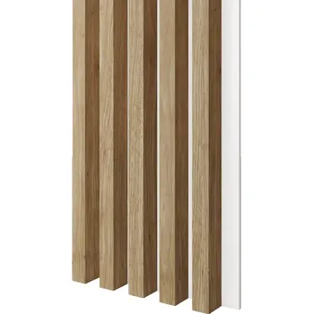 Obklad Lamele 3D Dřevěné lamely ŠIROKÉ na BÍLÉ desce (MDF), DUB PŘÍRODNÍ, 46 x 300 x 2750 mm (0,825 m2)