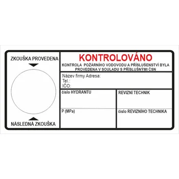 Samolepící etiketa Štítek KONTROLA POŽÁRNÍHO VODOVODU samolepící vinylová fólie 100 x 50 mm bílá