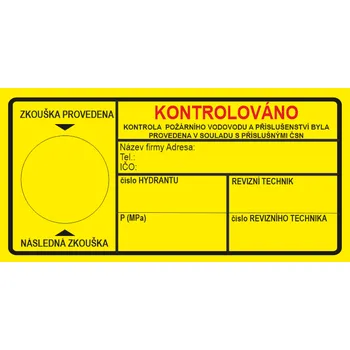 Speciální papír Štítek KONTROLA POŽÁRNÍHO VODOVODU samolepící vinylová fólie 100 x 50 mm žlutá