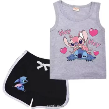 Letní dvoudílná souprava - tílko a šortky s motivem Lilo & Stitch Barva: Šedá, Velikost: 120/5-6 let