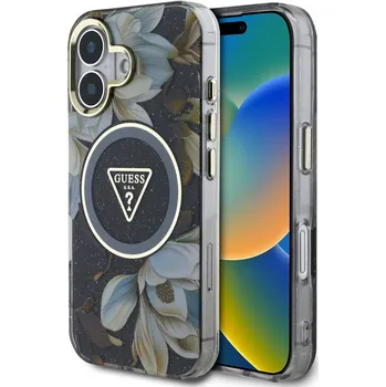 Pouzdro na mobilní telefon Zadní kryt Guess IML Glitter Magnolia and Triangle Logo MagSafe pro iPhone 16 Black