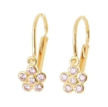 Náušnice Dětské náušnice ze žlutého zlata kytičky s růžovými zikony ZNA281F + Dárek zdarma