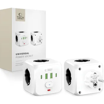 Elektrická zásuvka Rozbočovač do zásuvky, 3x AC typ Schuko, 2x USB-A, 2x USB-C, Tech-Protect